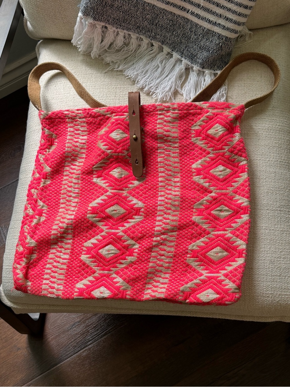 LoveStitch Handwoven Pink Aztec boho Tote Bag with Leather Strap